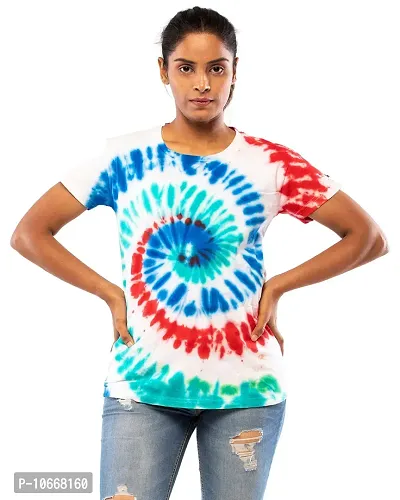 Lappen Fashion Women's Tie Dye Printed T-Shirt | Cotton Half Sleeve T-Shirts | Round Neck Sprayed Tshirts | for Gym and Sports Wear | Tees for Girls and Women (Small, RGB)