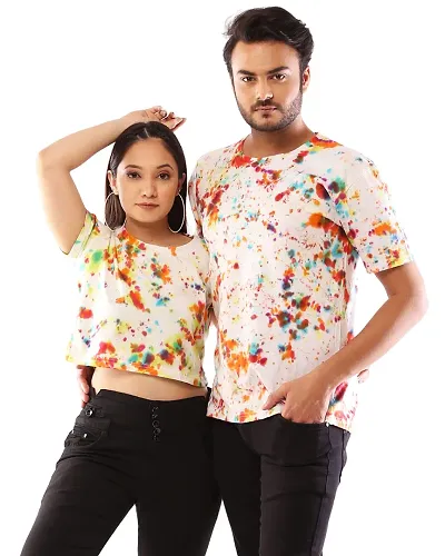 Lappen Fashion Combo of Couple?s Tie & Dye T-Shirt | Crop Top for Women | Half Sleeve Tees for Men | Round Neck | Pre Wedding Tshirt | Stylish Look (Small, Color crumple Dots)