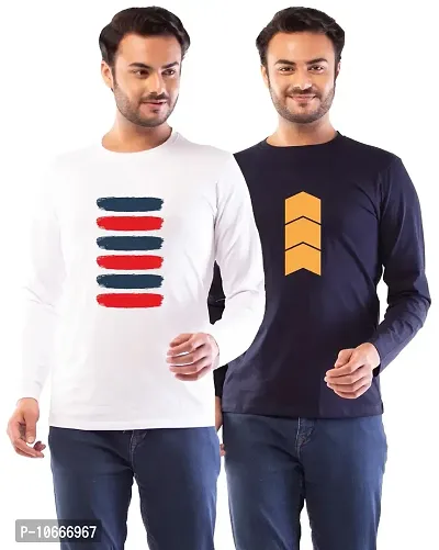 Lappen Fashion Men's Arrow and Square Printed Trendy T-Shirt | Round Neck, Pure Cotton | Regular fit, Ultra Soft, Stylish Look | Full Sleeve Casual | Tees Combo - Pack of 2 (Medium, Blue & White)-thumb0