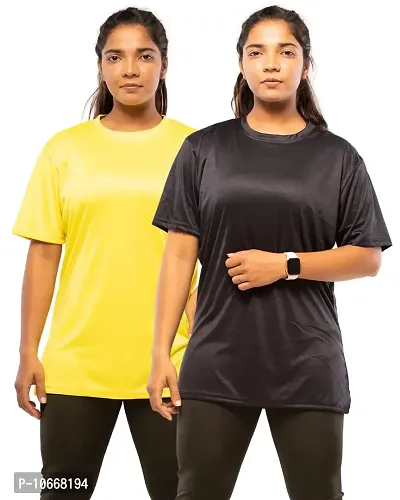 LAPPEN Women's Combo of Loose Fit T-Shirt I Round Neck Half Sleeve I 2 Way Lycra and Spandex T-Shirts I Slim Fit Plain Solid Oversized Long Tops I Trendy Tshirt (Small, Black  Lemon Yellow)-thumb0