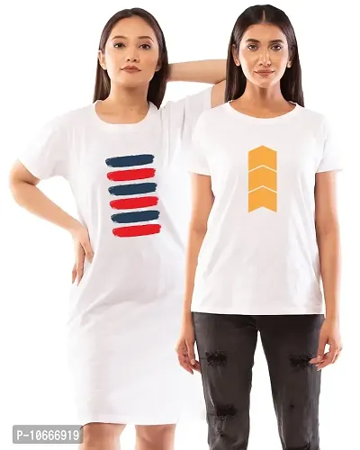 Lappen Fashion Women?s Printed T-Shirt | Combo of Tee Dress and Half Sleeve Tshirts | Round Neck | Long T-Shirts | Trendy & Stylish Theme Tees - Set of 2 (X-Large, White)