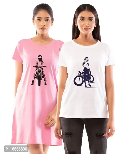 Lappen Fashion Women?s Printed T-Shirt | Combo of Tee Dress and Half Sleeve Tshirts | Round Neck | Long T-Shirts | Trendy & Stylish | Cool Riders Theme Tees - Set of 2 (Medium, Pink & White)