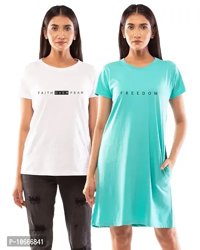 Lappen Fashion Women?s Printed T-Shirt | Combo of Tee Dress and Half Sleeve Tshirts | Round Neck | Long T-Shirts | Trendy & Stylish | Freedom Theme Tees - Set of 2 (Large, Light Blue & White)-thumb0