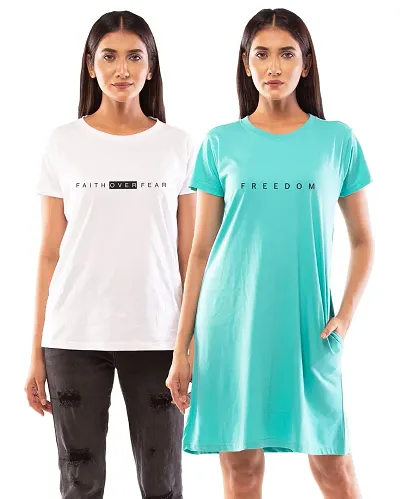 Lappen Fashion Women?s Printed T-Shirt | Combo of Tee Dress and Half Sleeve Tshirts | Round Neck | Long T-Shirts for Girls | Trendy & Stylish | Freedom Theme Tees - Set of 2