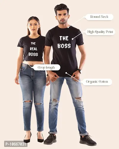 Lappen Fashion Couple?s Printed T-Shirt | Crop Top for Women | Half Sleeve Tees for Men | Cotton Round Neck | Pre Wedding Tshirt | Stylish Look | The Boss Theme - Combo Pack (Large, White)-thumb3