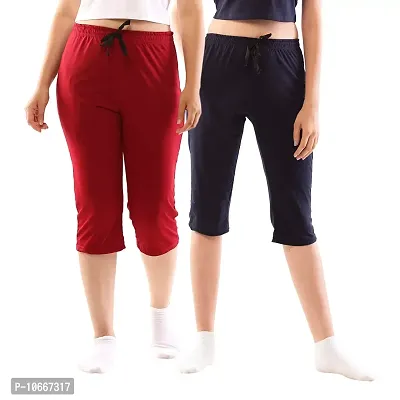 Lappen Fashion Women?s Bottom Wear | Combo of Half Pants | Capri Pants | Regular Fit Night Wear | One-Sided Pocket | for use Running Sports | Stylish Look (Small, Maroon & Blue)-thumb0