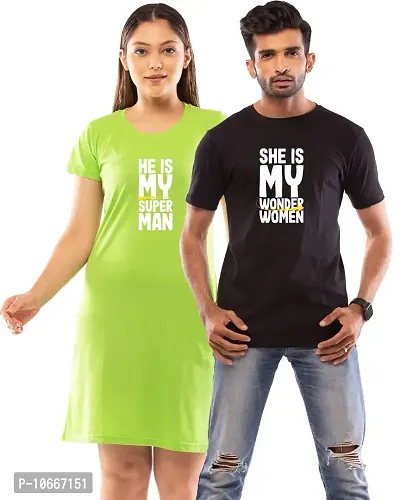Lappen Fashion Couple?s Printed T-Shirt | Tee Dress for Women | Half Sleeve Tees for Men | Pre Wedding T Shirt | Stylish Look | She & He Wordings Theme - Set of 2 (Small, Green & Black)