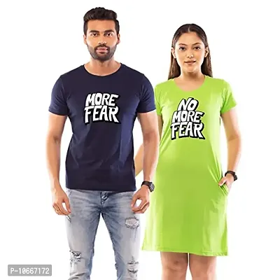 Lappen Fashion Couple?s Printed T-Shirt | Tee Dress for Women | Half Sleeve Tees | Pre Wedding Tshirt | Stylish Look | No More Fear Wordings Wordings Theme - Set of 2 (X-Large, Green  Blue)