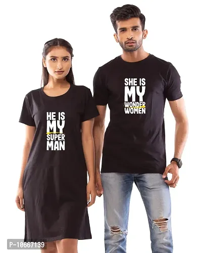 Lappen Fashion Couple?s Printed T-Shirt | Tee Dress for Women | Half Sleeve Tees for Men | Pre Wedding T Shirt | Stylish Look | She & He Wordings Theme - Set of 2 (Large, Black)-thumb0