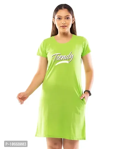 Lappen Fashion Women's Printed Tee Dress | A-Line Long T-Shirt for Girls | Nightwear | Half Sleeve Knee Length Top with Pockets | Slim Fit Tshirts ? Trendy Wordings Theme (Small, Light Green)