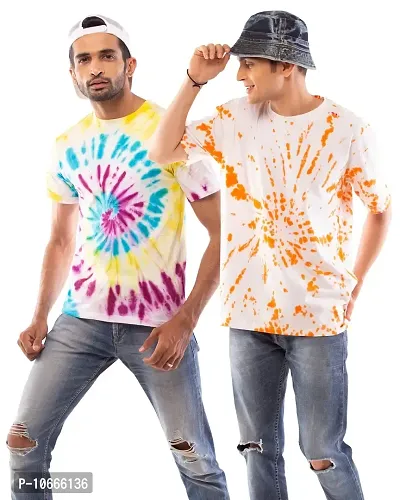 Lappen Fashion Combo of Men's Tie & Dye T-Shirt | Half Sleeve Round Neck Slim Fit Cotton | Sprayed Tshirts | Printed T-Shirts | Casual Smart Look (Large, Orange & Multicolor Spiral)