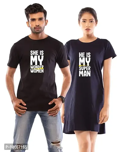 Lappen Fashion Couple?s Printed T-Shirt | Tee Dress for Women | Half Sleeve Tees for Men | Pre Wedding T Shirt | Stylish Look | She & He Wordings Theme - Set of 2 (Medium, Blue & Black)