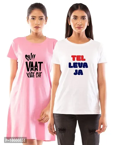 Lappen Fashion Women?s Printed T-Shirt | Combo of Tee Dress and Half Sleeve Tshirts | Long T-Shirts | Trendy & Stylish | Tel Leva Ja Gujju Theme Tees - Set of 2 (Small, Pink & White)-thumb0