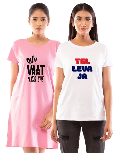 Lappen Fashion Women?s Printed T-Shirt | Combo of Tee Dress and Half Sleeve Tshirts | Round Neck | Long T-Shirts for Girls | Trendy & Stylish | Tel Leva Ja Gujju Theme Tees - Set of 2