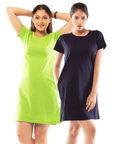 Lappen Fashion Women's Tee Dress | Long T-Shirt for Girls | Knee Length Tees | Slim Fit | Round Neck Half Sleeve Tshirts | Casual Smart Look - Combo Pack