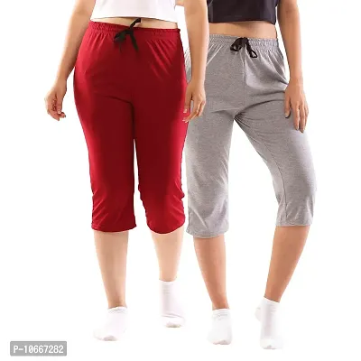 Lappen Fashion Women?s Bottom Wear | Combo of Half Pants | Capri Pants | Regular Fit Night Wear | One-Sided Pocket | for use Running Sports | Stylish Look (Medium, Grey & Maroon)-thumb0