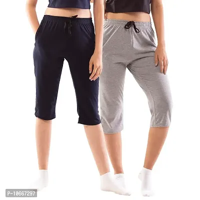 Lappen Fashion Women?s Bottom Wear | Combo of Half Pants | Capri Pants | Regular Fit Night Wear | One-Sided Pocket | for use Running Sports | Stylish Look (Large, Grey & Blue)