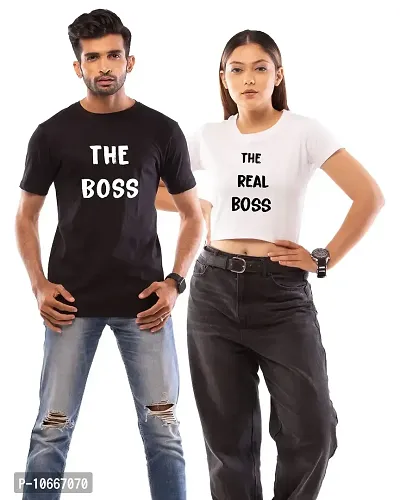 Lappen Fashion Couple?s Printed T-Shirt | Crop Top for Women | Half Sleeve Tees for Men | Cotton Round Neck | Pre Wedding Tshirt | Stylish Look | The Boss Theme - Combo Pack (X-Large, White & Black)