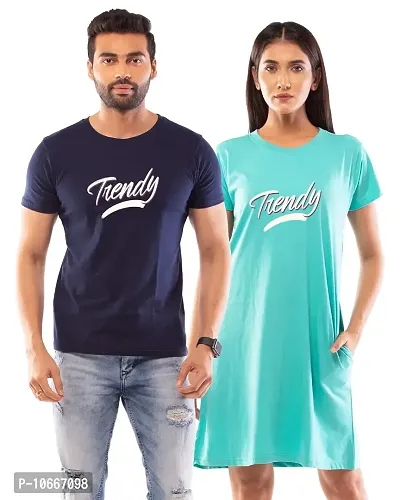 Lappen Fashion Couple?s Printed T-Shirt | Tee Dress for Women | Half Sleeve Tees for Men | Round Neck | Pre Wedding Tshirt | Stylish Look | Trendy Theme - Set of 2 (Small, Light Blue & Blue)