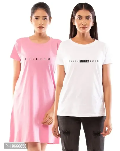 Lappen Fashion Women?s Printed T-Shirt | Combo of Tee Dress and Half Sleeve Tshirts | Round Neck | Long T-Shirts | Trendy & Stylish | Freedom Theme Tees - Set of 2 (X-Large, Pink & White)