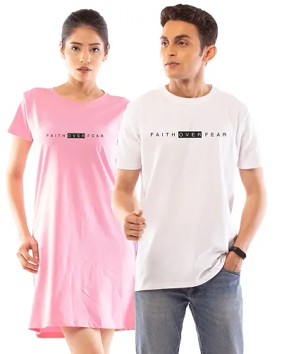 Lappen Fashion Couple?s T-Shirt | Tee Dress for Women | Tees for Men | Pre Wedding Tshirt | Stylish Look | Faith Over Fear Wordings Wordings Theme - Set of 2 (Medium, & White)