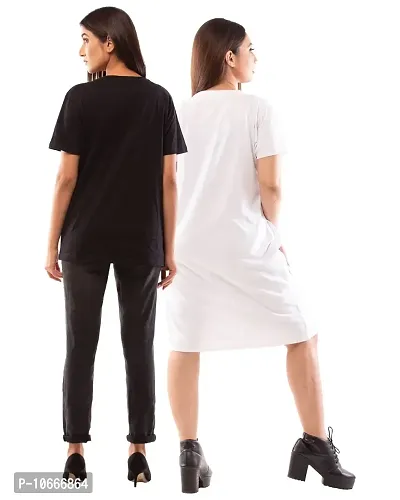 Lappen Fashion Women?s Printed T-Shirt | Combo of Tee Dress and Half Sleeve Tshirts | Round Neck | Long T-Shirts | Trendy & Stylish Theme Tees - Set of 2 (Small, White & Black)-thumb2