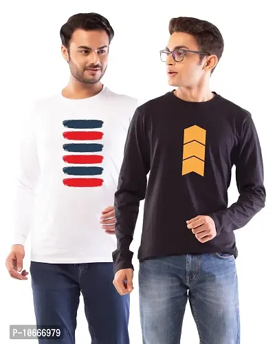 Lappen Fashion Men's Arrow and Square Printed Trendy T-Shirt | Round Neck, Pure Cotton | Regular fit, Ultra Soft, Stylish Look | Full Sleeve Casual | Tees Combo - Pack of 2 (X-Large, Black & White)-thumb0