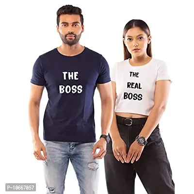 Lappen Fashion Couple?s Printed T-Shirt | Crop Top for Women | Half Sleeve Tees for Men | Cotton Round Neck | Pre Wedding Tshirt | Stylish Look | The Boss Theme - Combo Pack (XX-Large, White & Blue)