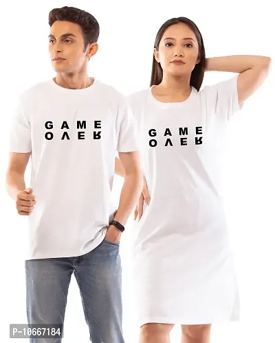 Lappen Fashion Couple?s Printed T-Shirt | Tee Dress for Women | Half Sleeve Tees for Men | Pre Wedding Tshirt | Stylish Look | Game Over Wordings Theme - Set of 2 (Small, White)