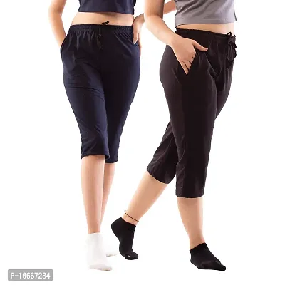 Lappen Fashion Women?s Bottom Wear | Combo of Half Pants | Capri Pants | Regular Fit Night Wear | One-Sided Pocket | for use Running Sports | Stylish Look (Small, Black & Blue)-thumb0