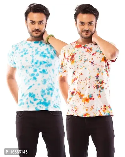 Lappen Fashion Combo of Men's Tie & Dye T-Shirt | Half Sleeve Round Neck Slim Fit Cotton | Sprayed Tshirts | Printed T-Shirts | Casual Smart Look (Small, Sky Blue & Multicolor crumple)