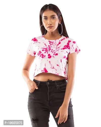 Lappen Fashion Cotton Tie Dye Printed Crop Top | Round Neck Half Sleeve | Ladies Short | Sprayed Tshirts | Regular fit Top | for Women/Girls | Casual Top - Pack of 1 (Small, Dark Pink Spiral)-thumb1