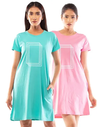 Lappen Fashion Women's Printed Knee Length Tee Dress | Cotton Long T-Shirt | Nightwear | Round Neck Half Sleeve Ultra Soft | Square Theme Tees - Set of 2