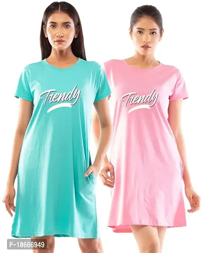 Lappen Fashion Women's Printed Knee Length Tee Dress | Cotton Long T-Shirt | Nightwear | Round Neck Half Sleeve Ultra Soft | Trendy Theme Tees - Set of 2 (Small, Light Blue & Pink)