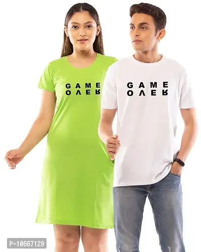 Lappen Fashion Couple?s Printed T-Shirt | Tee Dress for Women | Half Sleeve Tees for Men | Pre Wedding Tshirt | Stylish Look | Game Over Wordings Theme - Set of 2 (Small, Green & White)