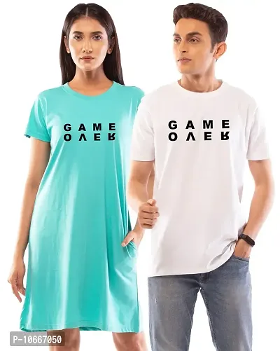 Lappen Fashion Couple?s Printed T-Shirt | Tee Dress for Women | Half Sleeve Tees for Men | Pre Wedding Tshirt | Stylish Look | Game Over Wordings Theme - Set of 2 (Small, Light Blue & White)-thumb0