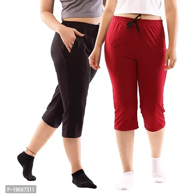 Lappen Fashion Women?s Bottom Wear | Combo of Half Pants | Capri Pants | Regular Fit Night Wear | One-Sided Pocket | for use Running Sports | Stylish Look (Large, Black & Maroon)-thumb0