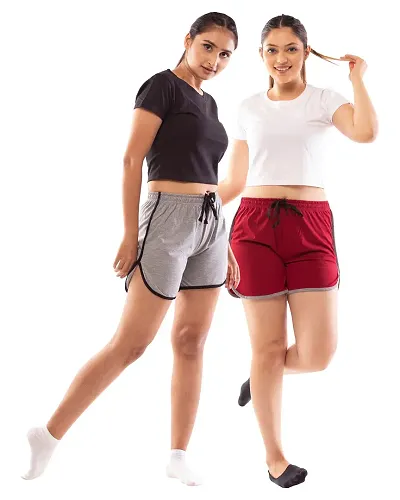 Lappen Fashion Women?s Night Wear | Combo of Crop top with Pattern Shorts | Regular Fit | for use Running Sports Gym | Night Suit for Girls and Women ? Set of 2 (Small, Black-Gray & White-Maroon)