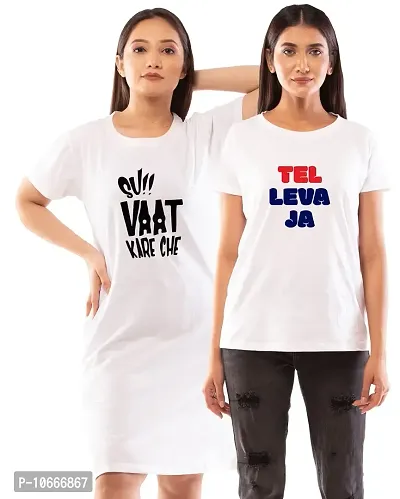 Lappen Fashion Women?s Printed T-Shirt | Combo of Tee Dress and Half Sleeve Tshirts | Long T-Shirts | Trendy & Stylish | Tel Leva Ja Gujju Theme Tees - Set of 2 (Large, White)