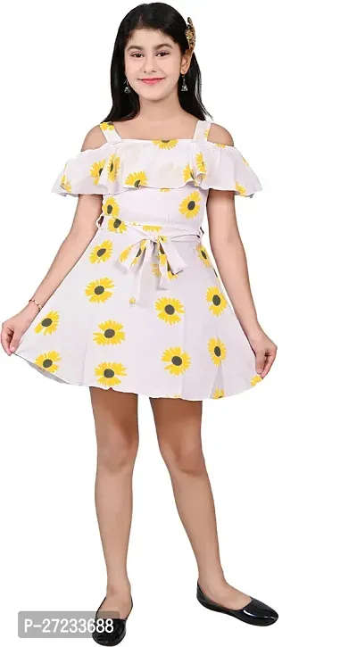 Stylish Yellow Crepe Printed Fit And Flare Dress For Girls