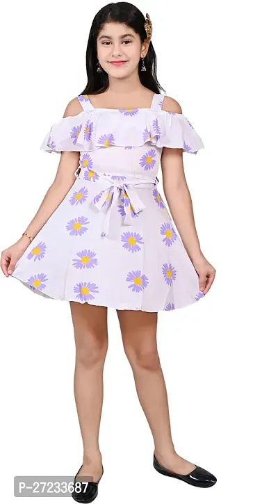 Stylish Purple Crepe Printed Fit And Flare Dress For Girls