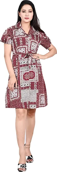 Stylish Red Crepe Printed Shirt Dress For Women