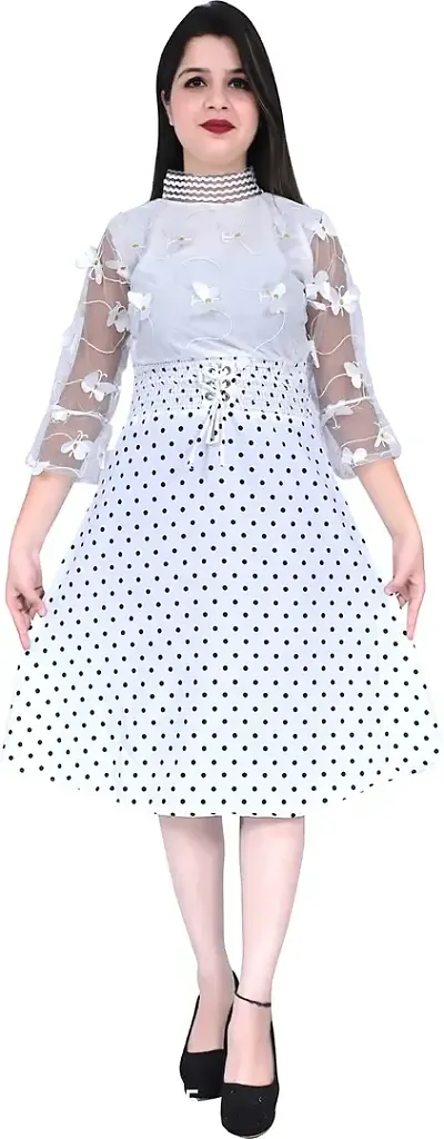 Stylish White Crepe Embellished Fit And Flare Dress For Women