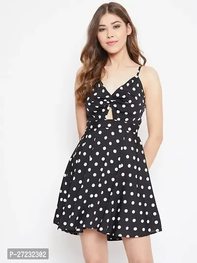Stylish Black Crepe Polka Dot Print Fit And Flare Dress For Women