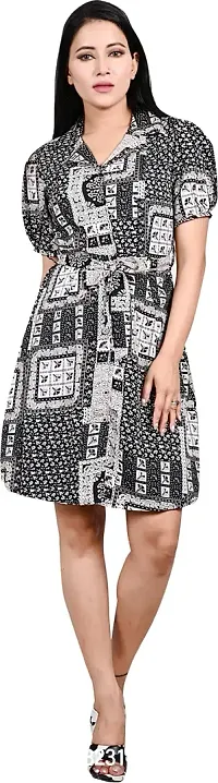 Stylish Black Crepe Printed Shirt Dress For Women