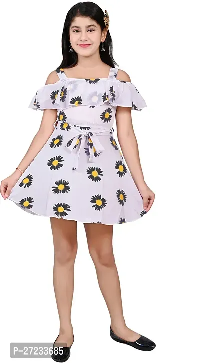 Stylish Black Crepe Printed Fit And Flare Dress For Girls