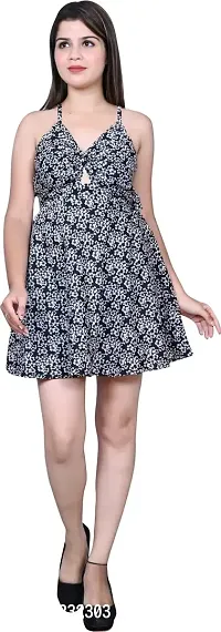 Stylish Navy Blue Crepe Floral Printed Fit And Flare Dress For Women