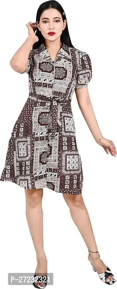 Stylish Brown Crepe Printed Shirt Dress For Women