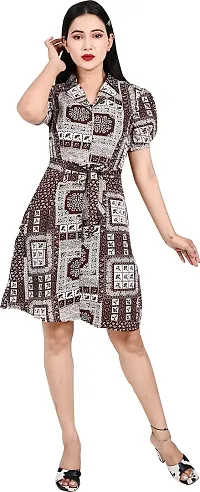 Women?s A-Line Collared Dress | Poly Lycra Printed Dress with Belt for Women | Above Knee Short Puff Sleeve Casual One Piece
