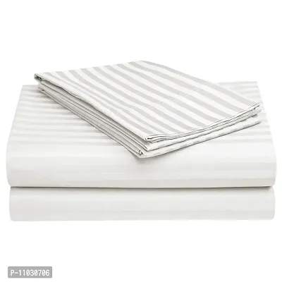 210 TC Cotton Satin Glace Stripes/Lining Bedsheet for Double Bed with Two Pillow Covers for Home, Hotels, Guest House (King Size) - 90x100 Inches - White-thumb4